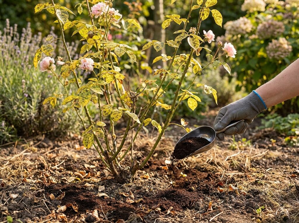 Spent coffee grounds being sprinkled around the base of a rose bush in a summer garden