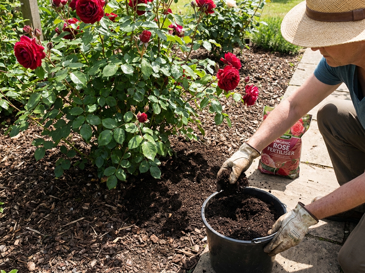 Healthy rose bush with mulched soil and strong red blooms in full summer sun
