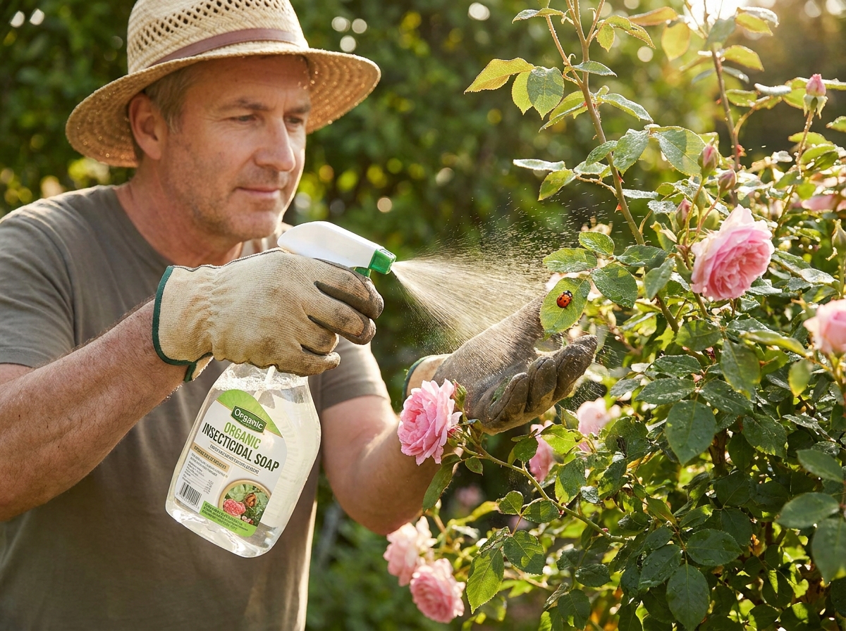Gardener spraying roses with organic insecticidal soap in garden sunshine