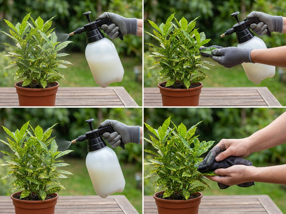 Gardener spraying neem oil solution on infested houseplant leaves outdoors