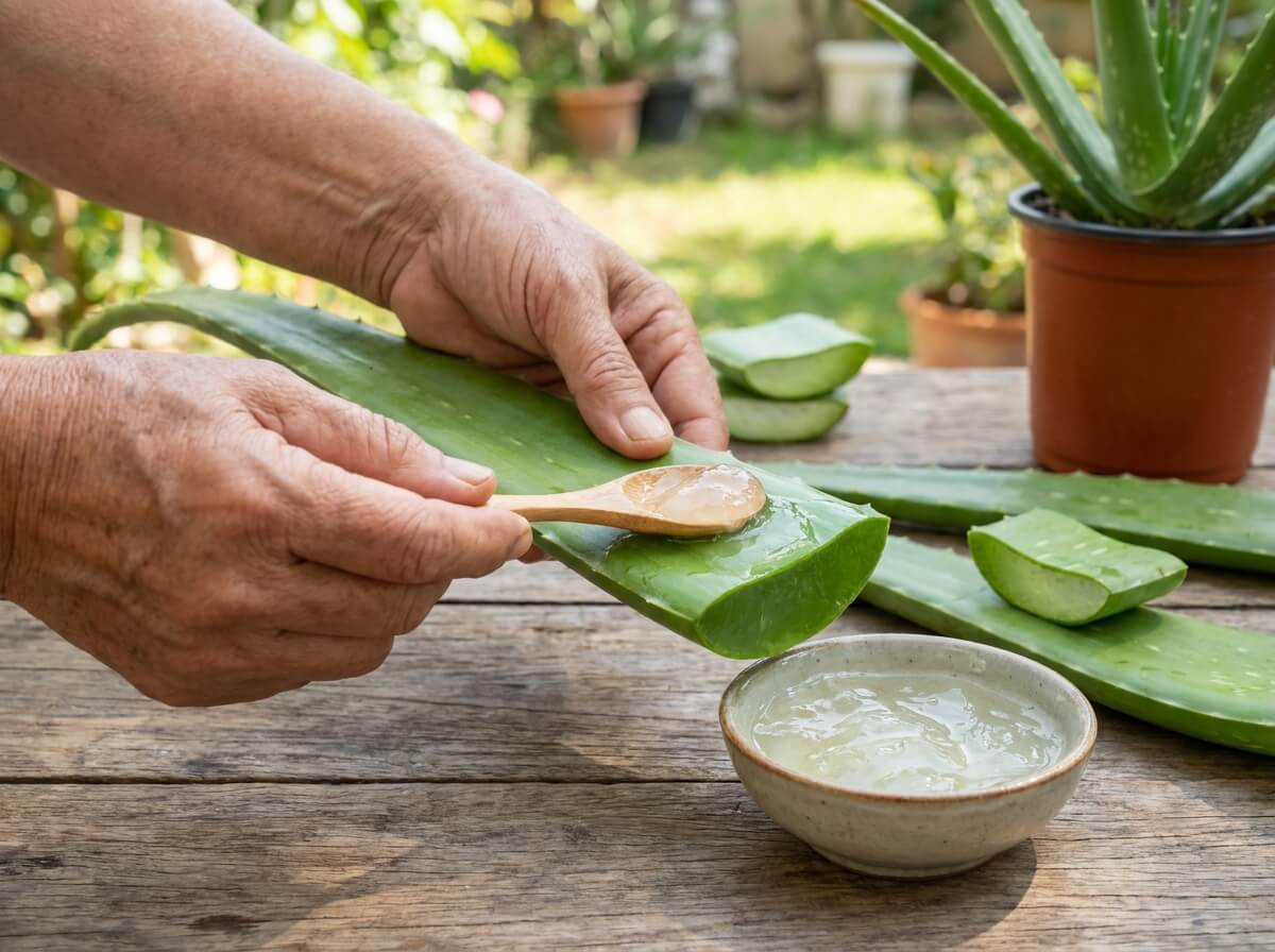 Hands scooping clear aloe vera gel from a freshly cut leaf on a wooden surface