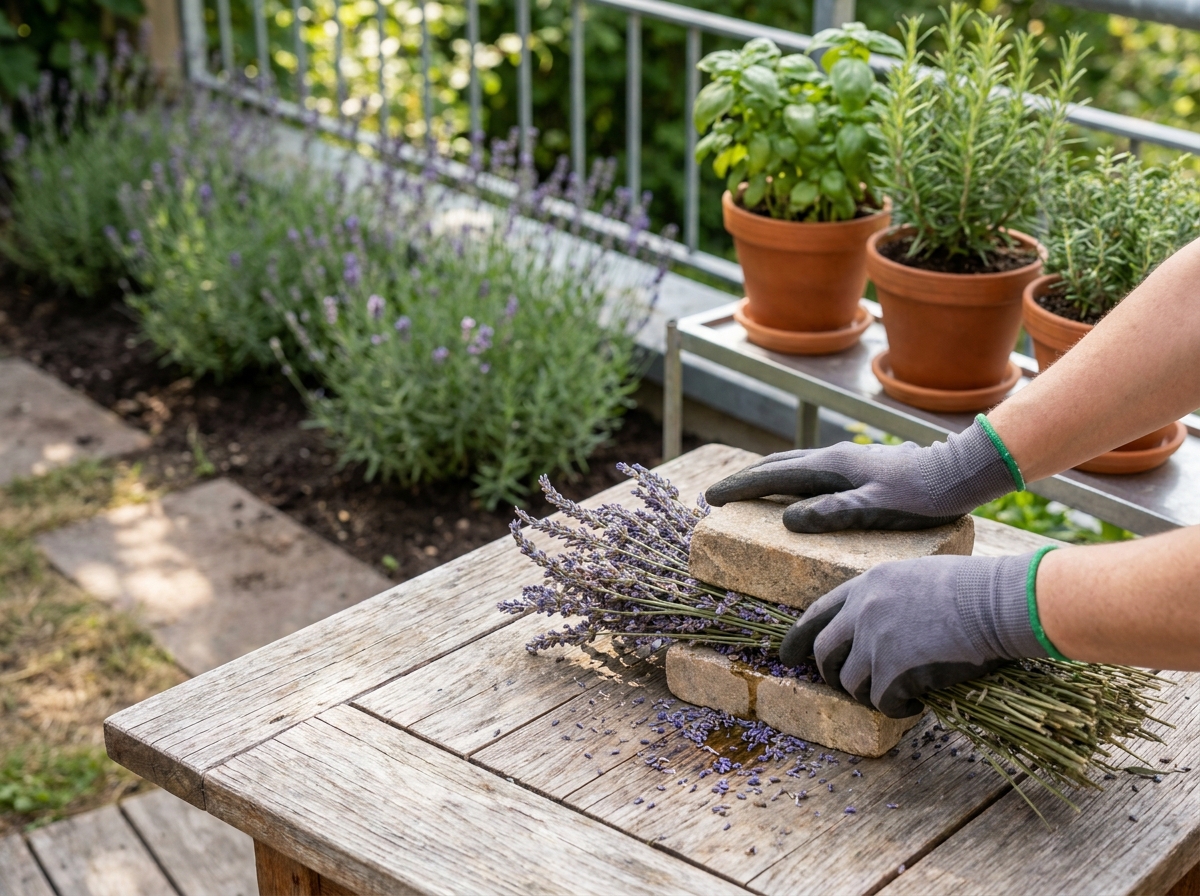 Gardener crushing lavender stems to release mosquito-repelling oils in an outdoor space