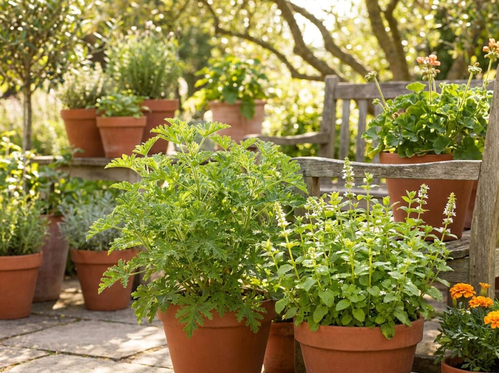 Lemon balm and citronella plants growing in terracotta pots on a sunny garden patio