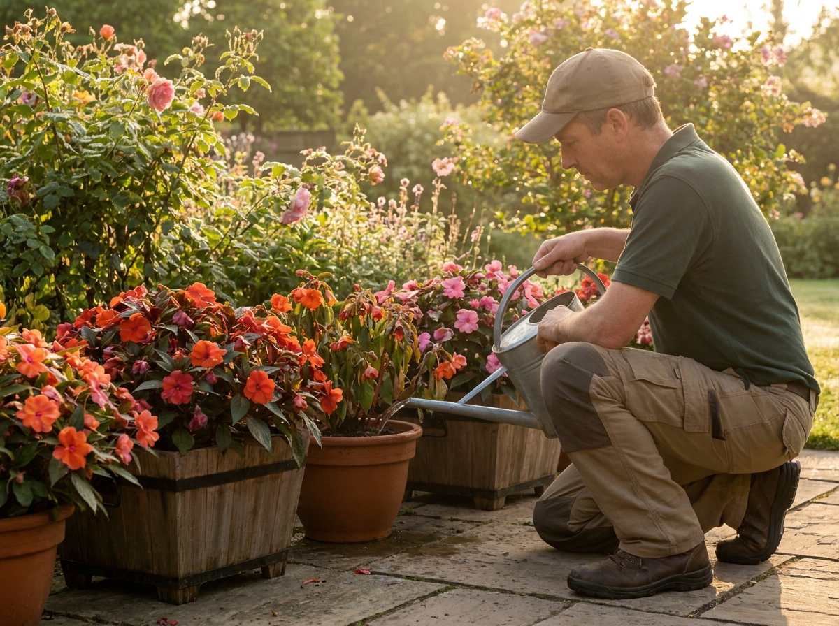 Gardener watering SunPatiens containers at the base in early morning summer light