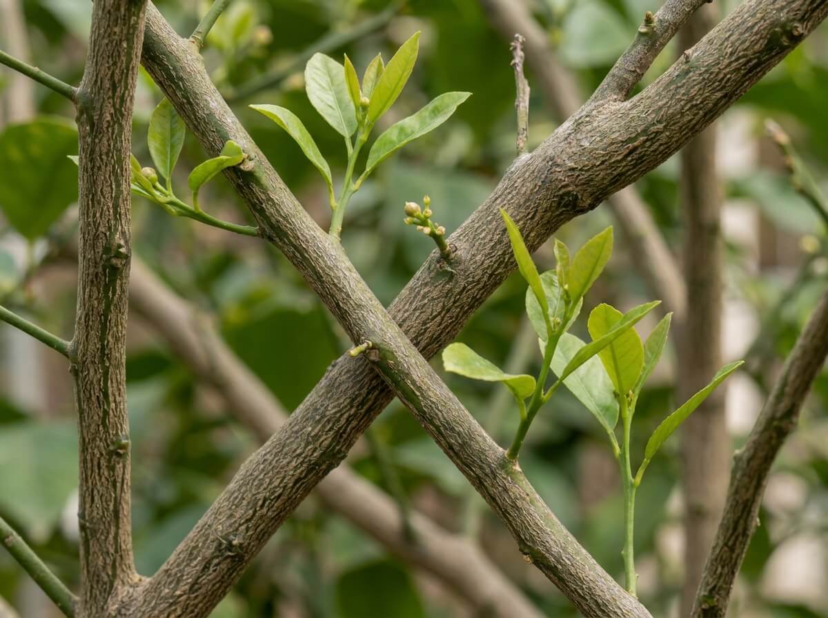 Close-up of lemon tree branches showing crossing stems and new green growth