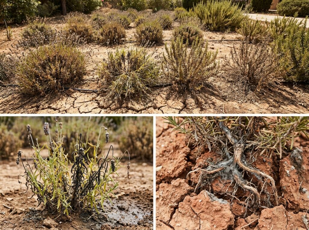 Lavender and rosemary plants wilting in dry summer garden with cracked soil around roots