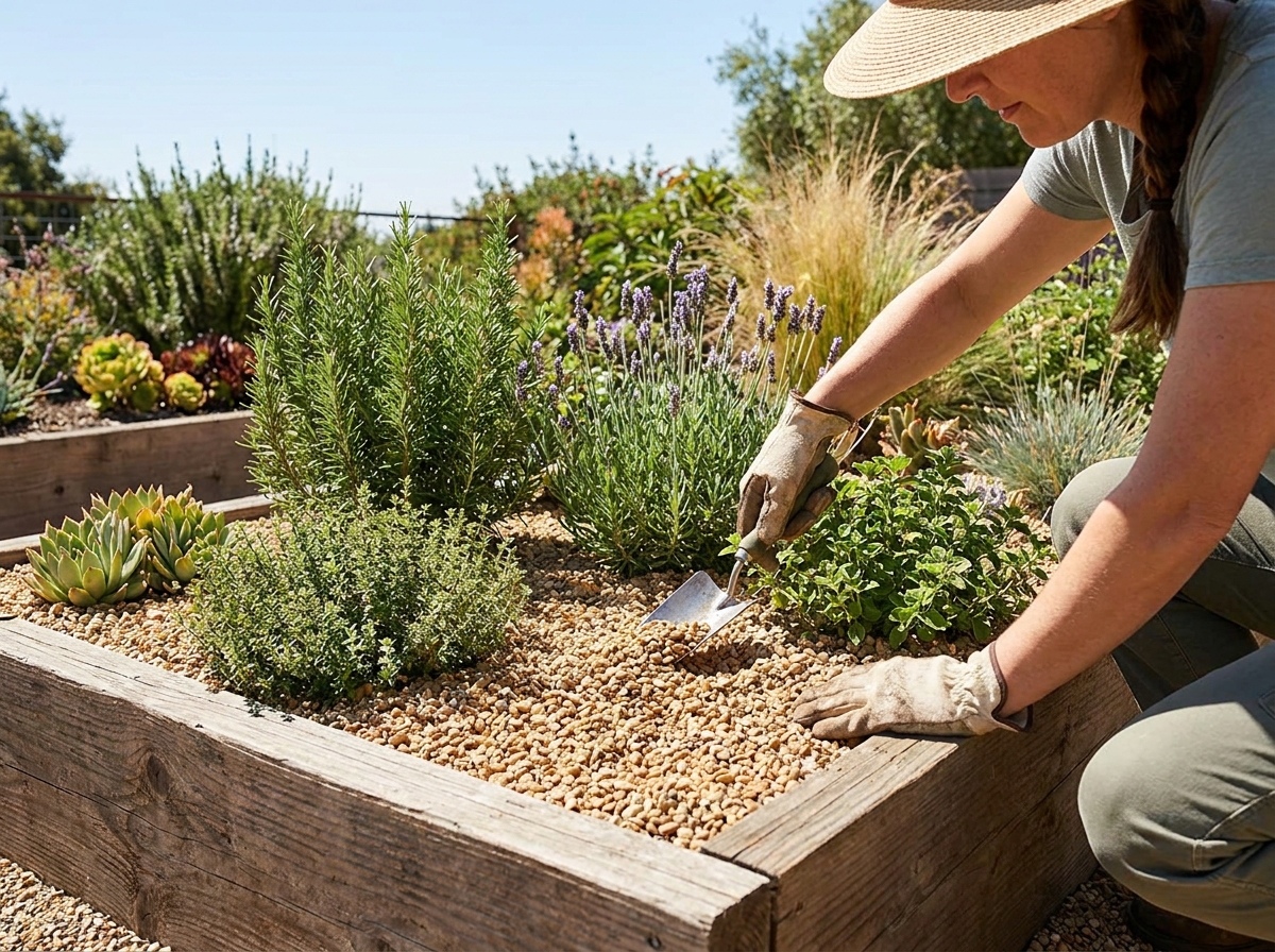 Gardener applying gravel mulch around Mediterranean herbs in a sunny raised bed