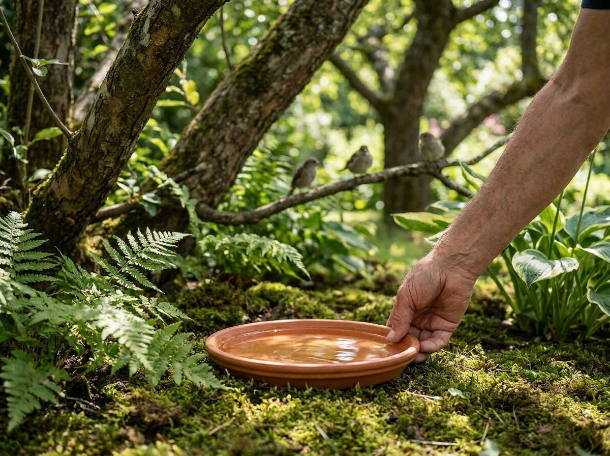 Gardener placing a shallow dish of fresh water in a shaded garden spot for birds