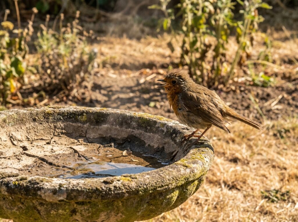 A small garden bird drinking from a shallow stone bird bath on a hot summer day