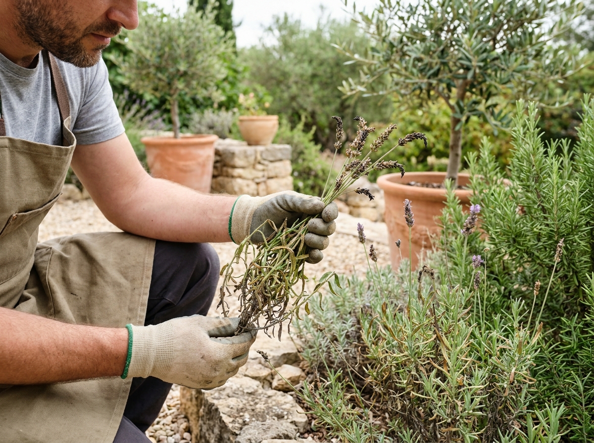 Gardener inspecting wilting lavender stems showing early signs of Xylella disease