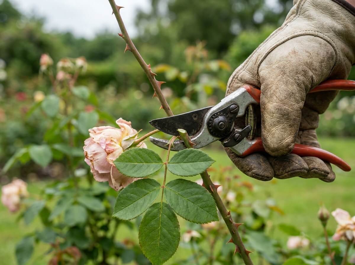 Gardener's hand holding pruning shears cutting rose stem just above a five-leaf set