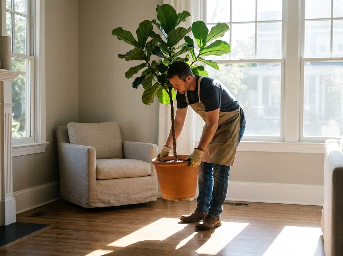 Gardener repositioning a potted plant away from direct sunlight indoors