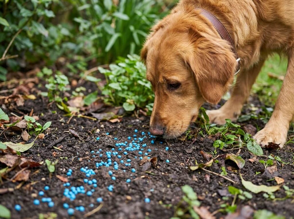 Blue slug pellets scattered on garden soil near a curious dog sniffing the ground