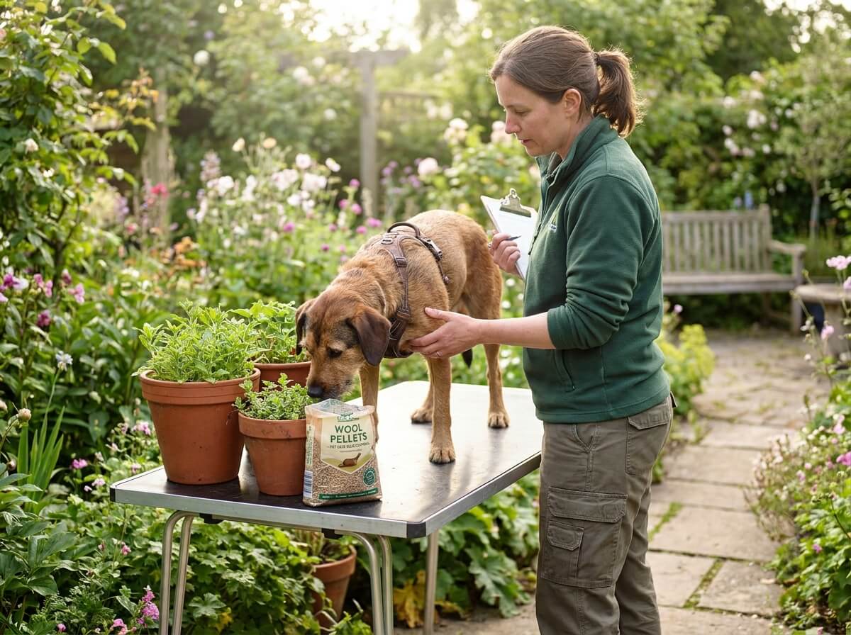 Veterinarian examining a distressed dog on a clinic table after suspected poisoning