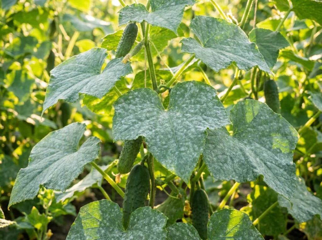 Close-up of powdery mildew white coating on cucumber leaves in summer garden