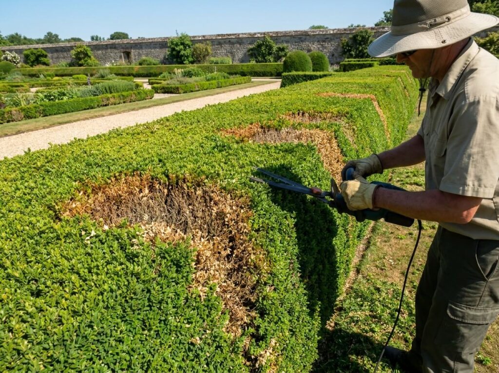 Gardener trimming a formal green hedge with electric shears on a sunny summer day