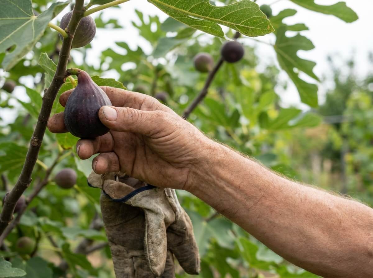 Gardener gently squeezing a fig on the tree to test for ripeness
