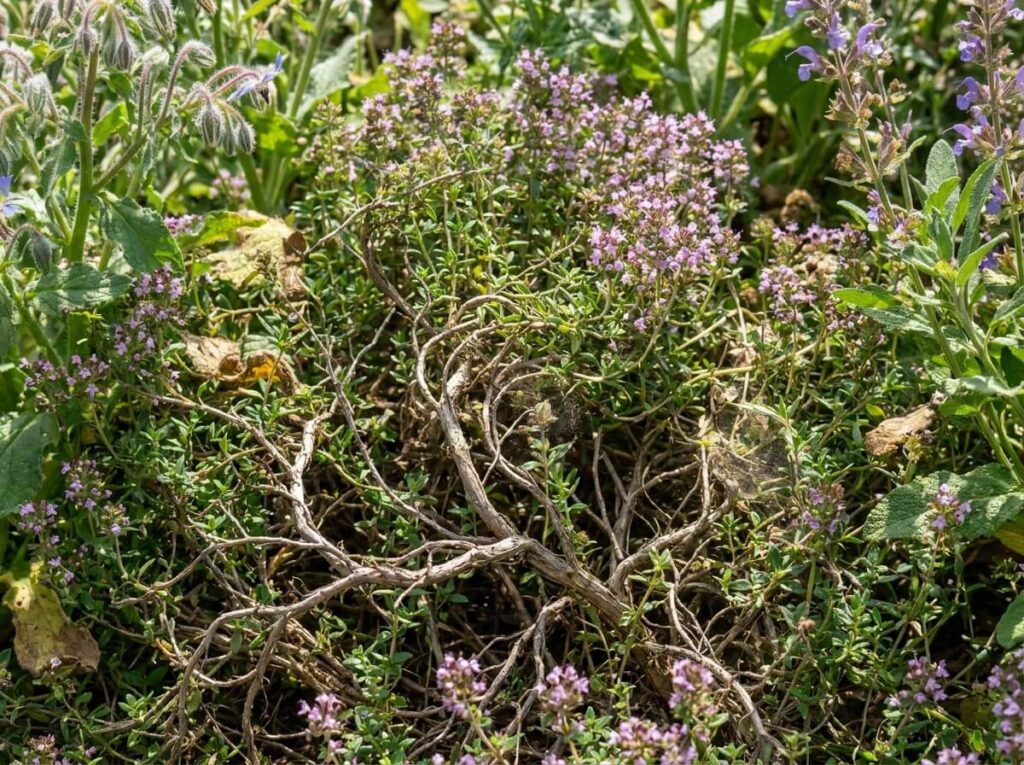 Close-up of overgrown flowering thyme with woody stems in a summer herb garden