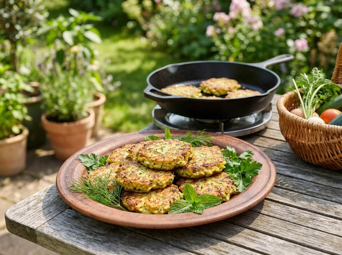 Golden courgette fritters with herbs served on a rustic plate outdoors