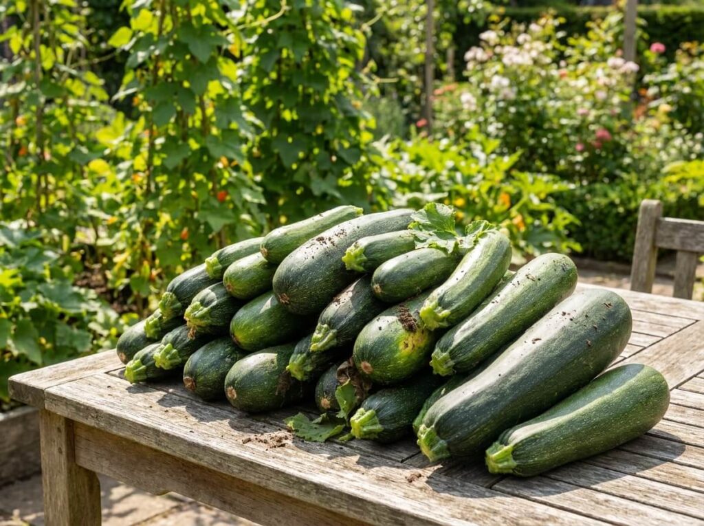 Fresh courgettes harvested from a summer garden piled on a wooden table