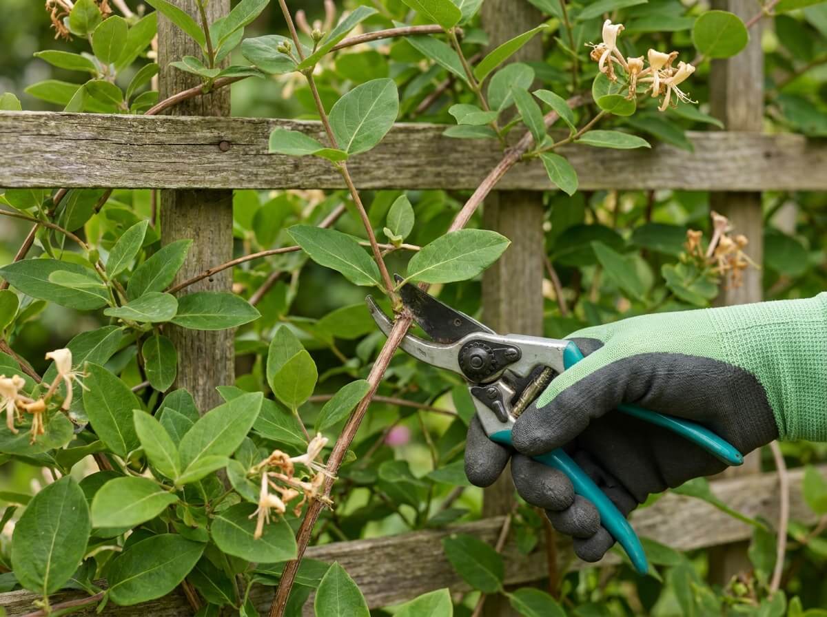 Gardener cutting back honeysuckle stems just below a leaf node in summer