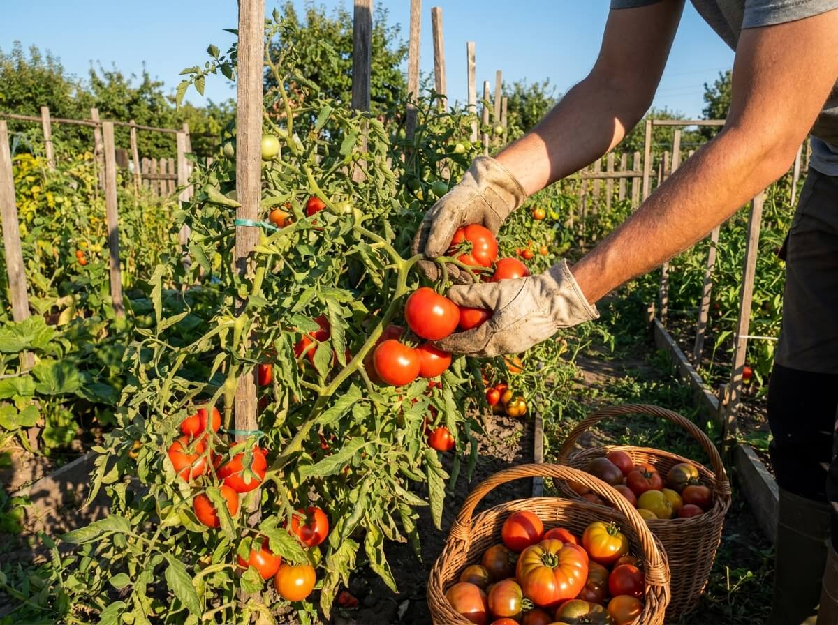 Gardener picking ripe tomatoes from a loaded summer vine in a sunny vegetable garden