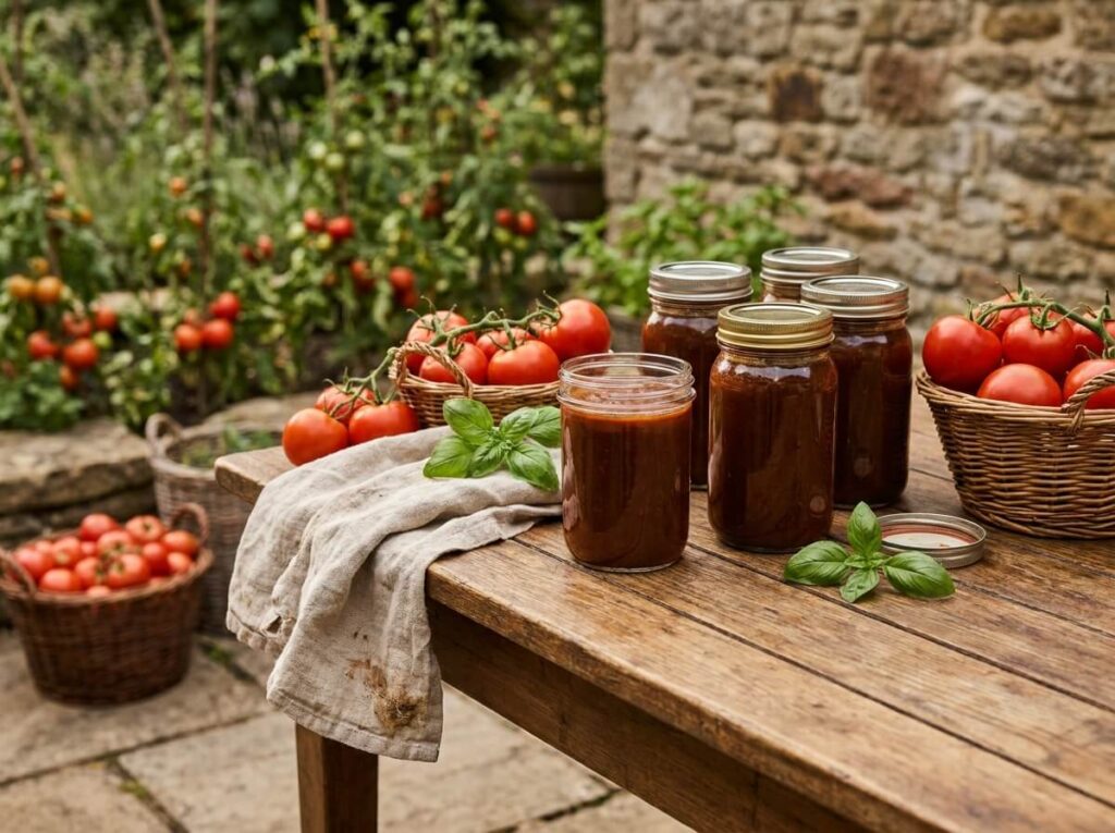 Glass jars of rich homemade tomato sauce on a wooden kitchen table surrounded by ripe red tomatoes