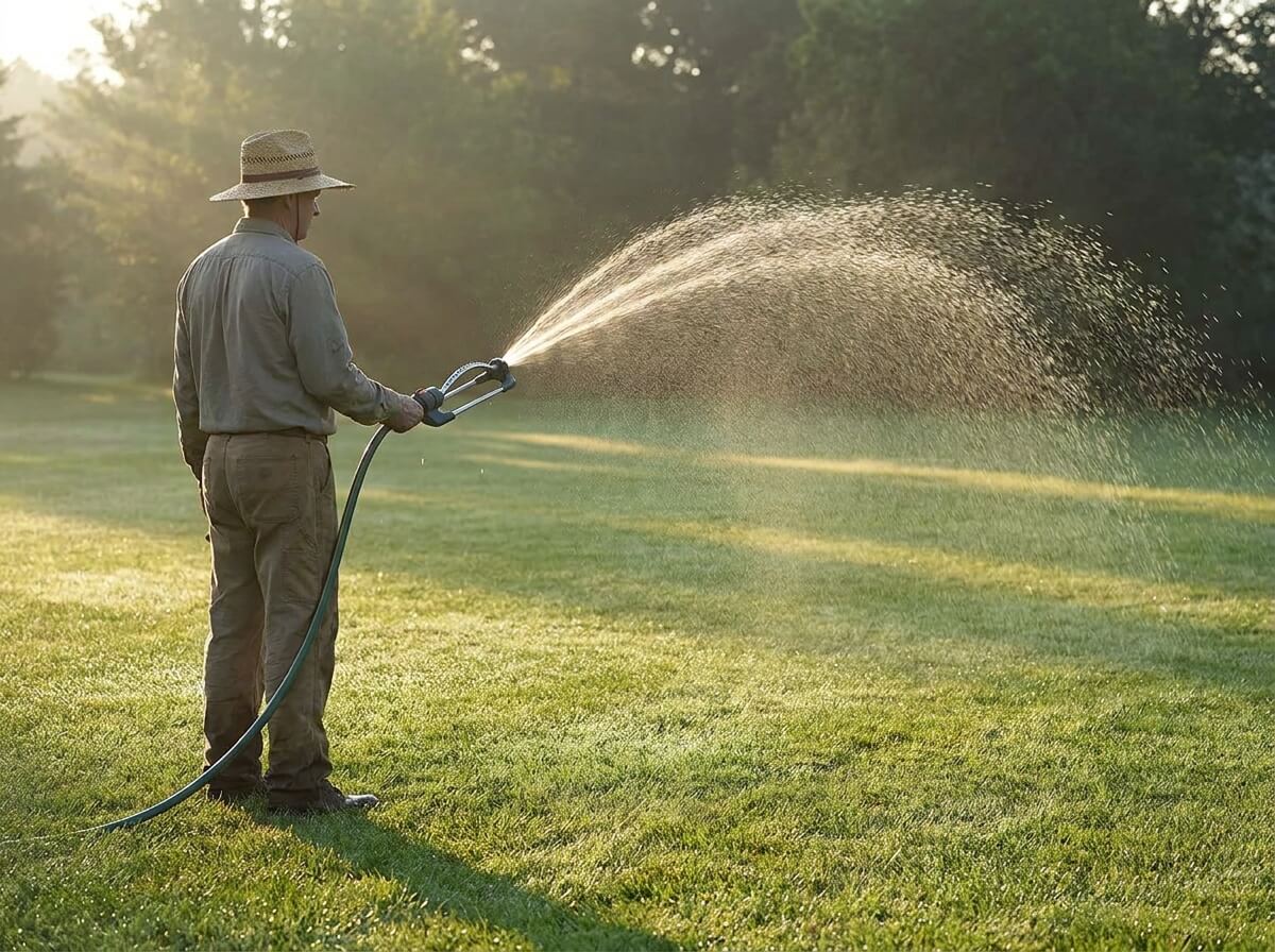 Gardener watering lawn in early morning with oscillating sprinkler on green grass
