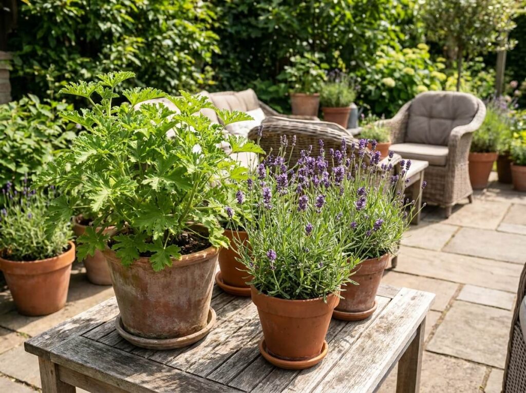 Potted citronella plant and lavender in a sunny summer garden patio setting