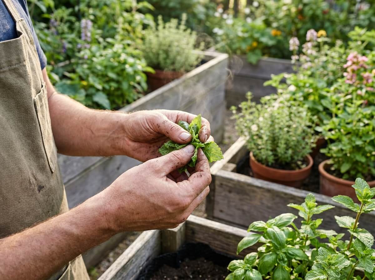 Gardener crushing fresh basil leaves between fingers to release essential oils outdoors
