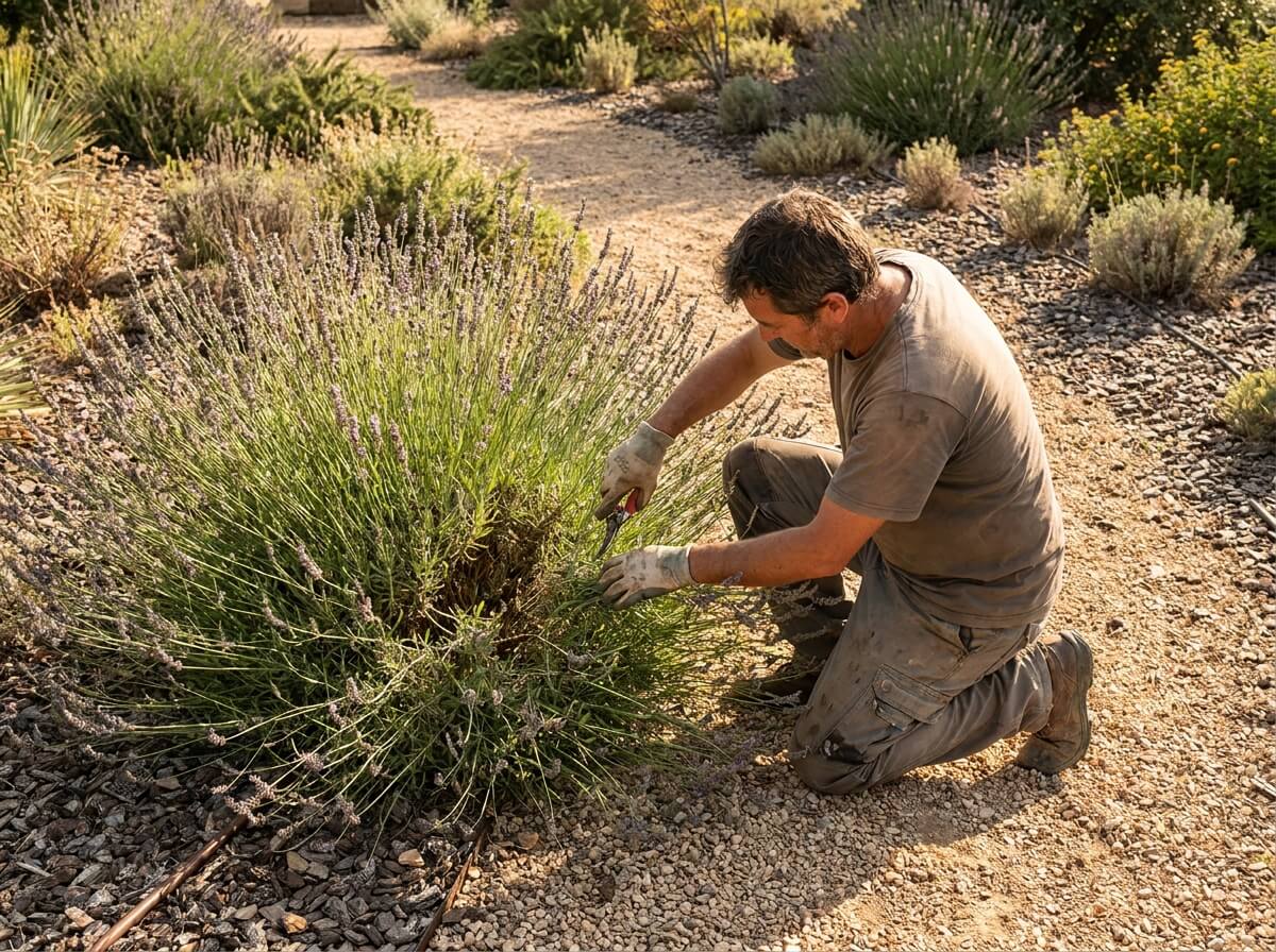 Gardener cutting back overgrown lavender with secateurs on a dry gravel path in summer