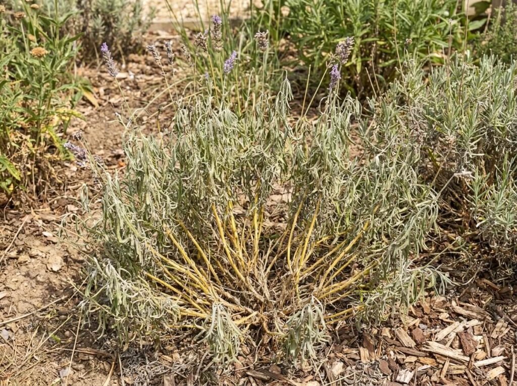 Lavender plant with yellowing woody stems and grey wilting foliage in a summer garden border