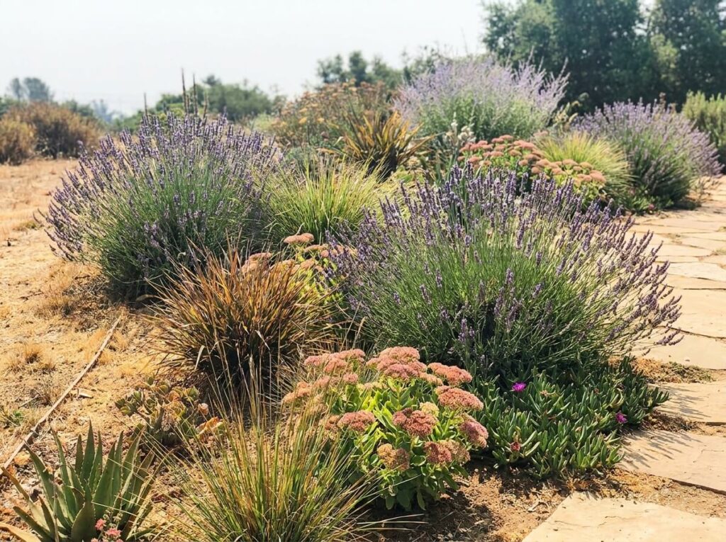 Vibrant drought-tolerant garden border with lavender, sedum and ornamental grasses in full summer bloom