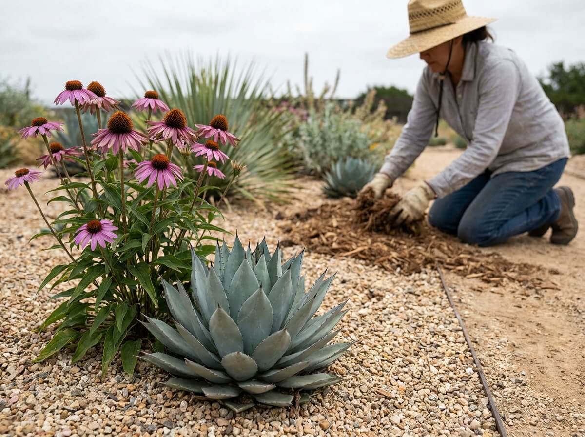 Close-up of agave rosette and echinacea flowers growing in dry gravel garden bed
