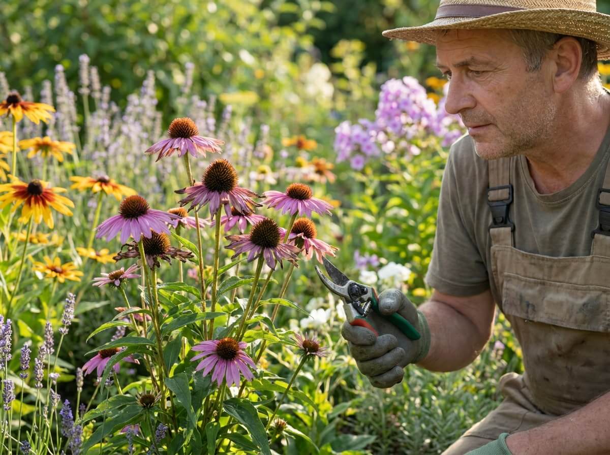 Gardener holding scissors near flowering plant deciding whether to deadhead or leave blooms