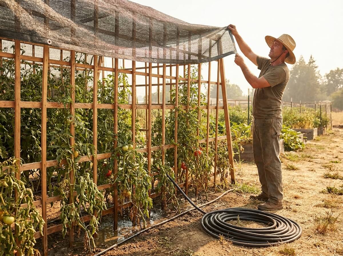 Gardener installing shade cloth over tomato plants on a hot summer afternoon