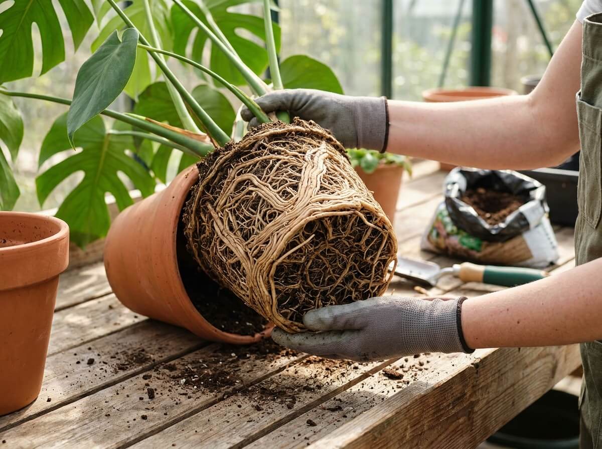 Gardener checking root-bound houseplant by gently removing it from its pot