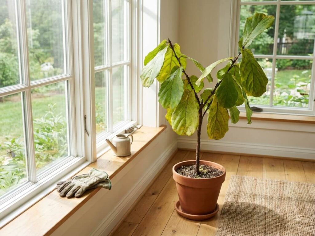 Stalled houseplant with no new growth sitting near a bright sunny window indoors