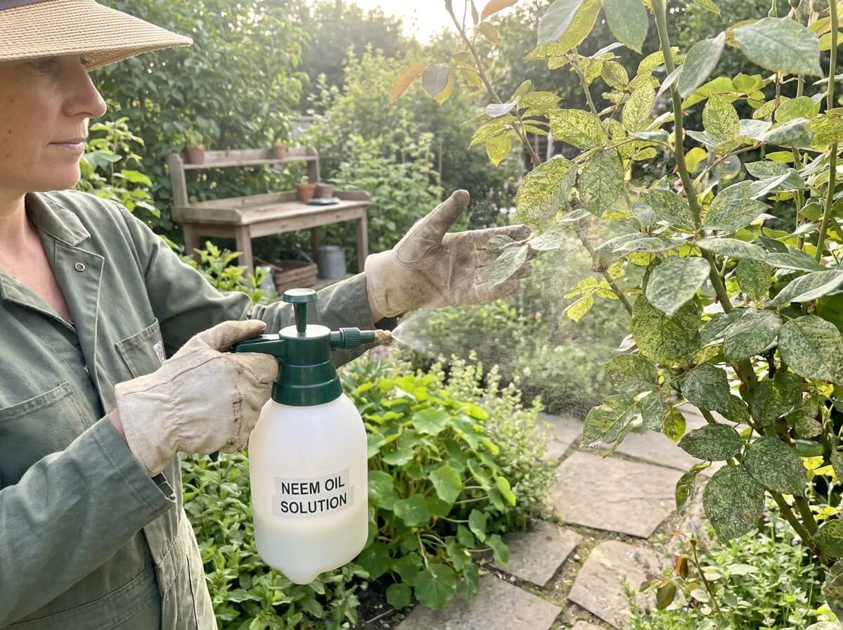 Gardener spraying neem oil solution onto affected plant leaves outdoors