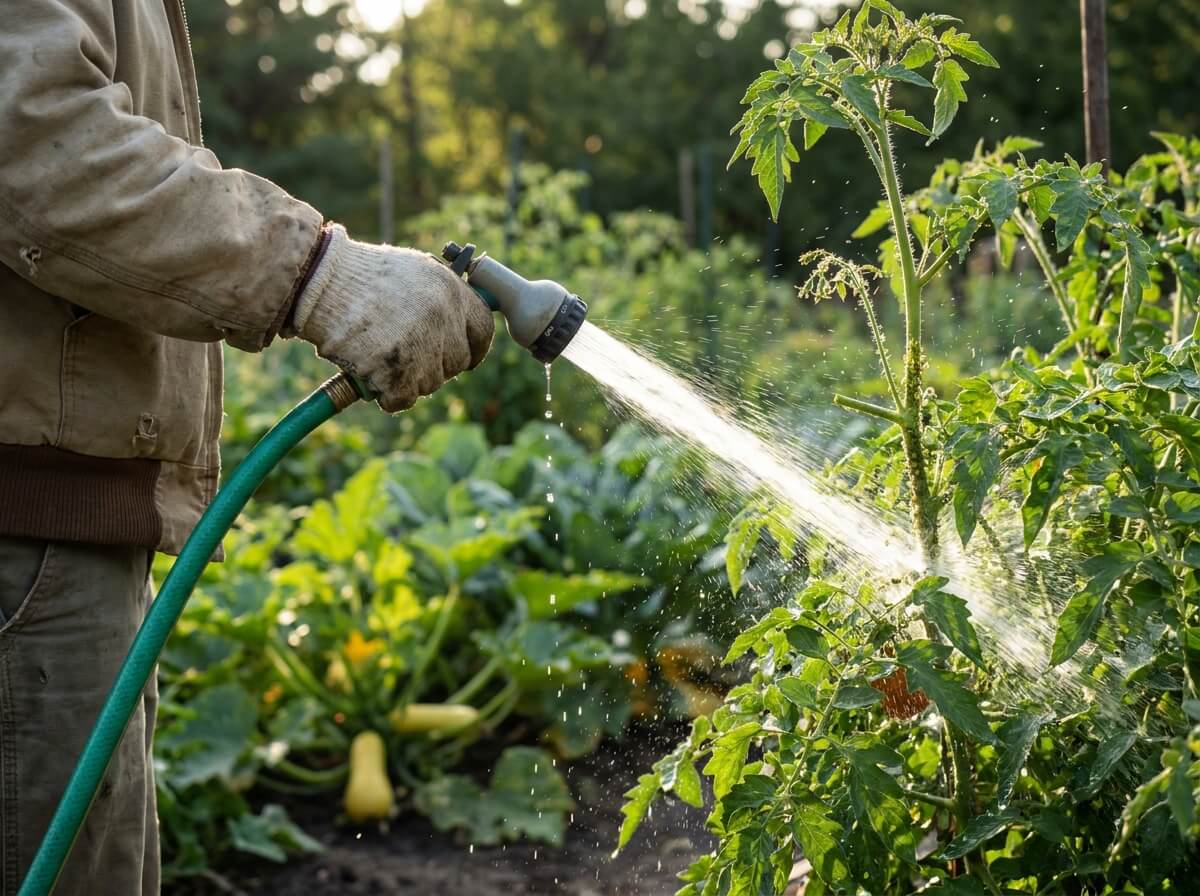 Gardener using a water hose to blast aphids off a vegetable plant stem