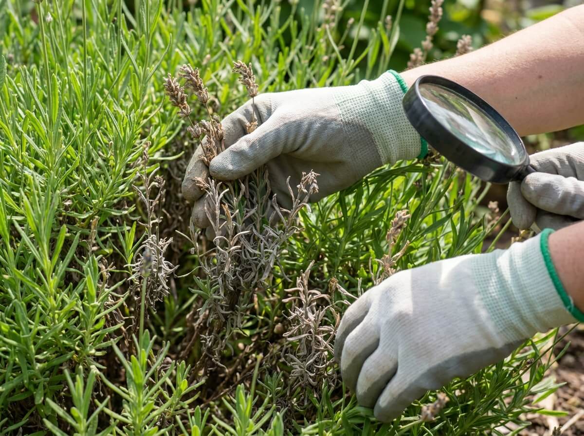 Gardener inspecting lavender stems for signs of disease and dieback in summer garden