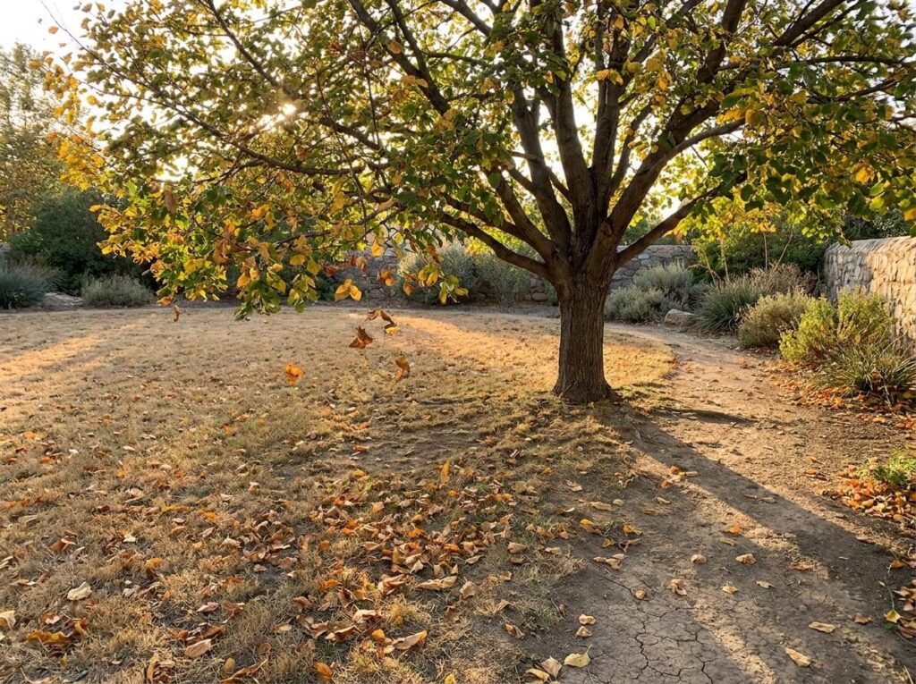 Deciduous tree dropping yellowing leaves onto dry summer lawn in afternoon sun