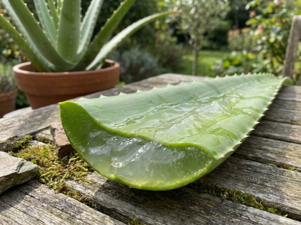Fresh aloe vera leaf split open showing thick clear gel on a wooden surface