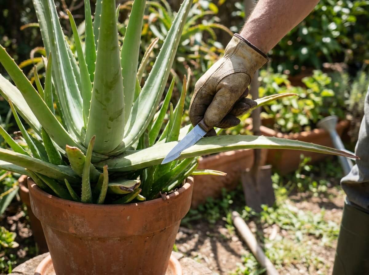 Gardener harvesting a thick outer aloe vera leaf from a potted plant outdoors