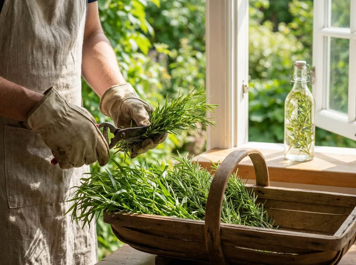 Gardener harvesting fresh tarragon and rosemary stems on a sunny summer morning