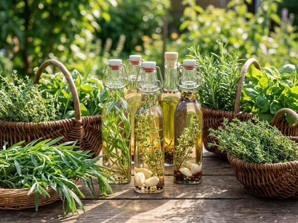 Glass bottles of herb-infused vinegar with fresh tarragon and thyme on a wooden surface