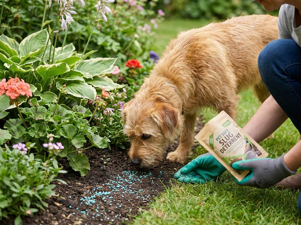 Dog sniffing garden border where slug bait pellets have been applied