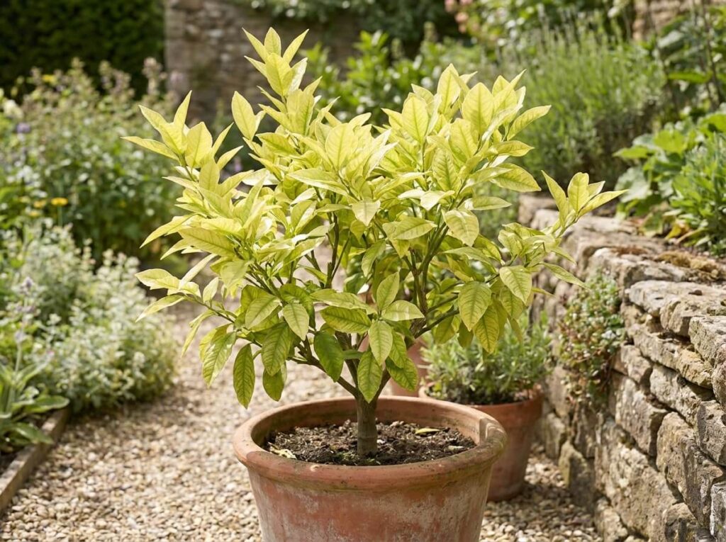 Yellowing citrus tree leaves showing nitrogen deficiency in a terracotta pot outdoors