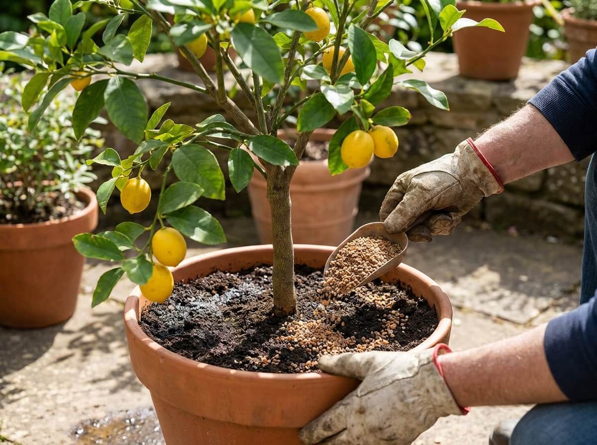 Gardener applying granular fertiliser around the base of a potted lemon tree