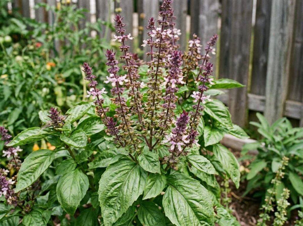 Close-up of basil plant with tall flower spikes bolting in summer garden